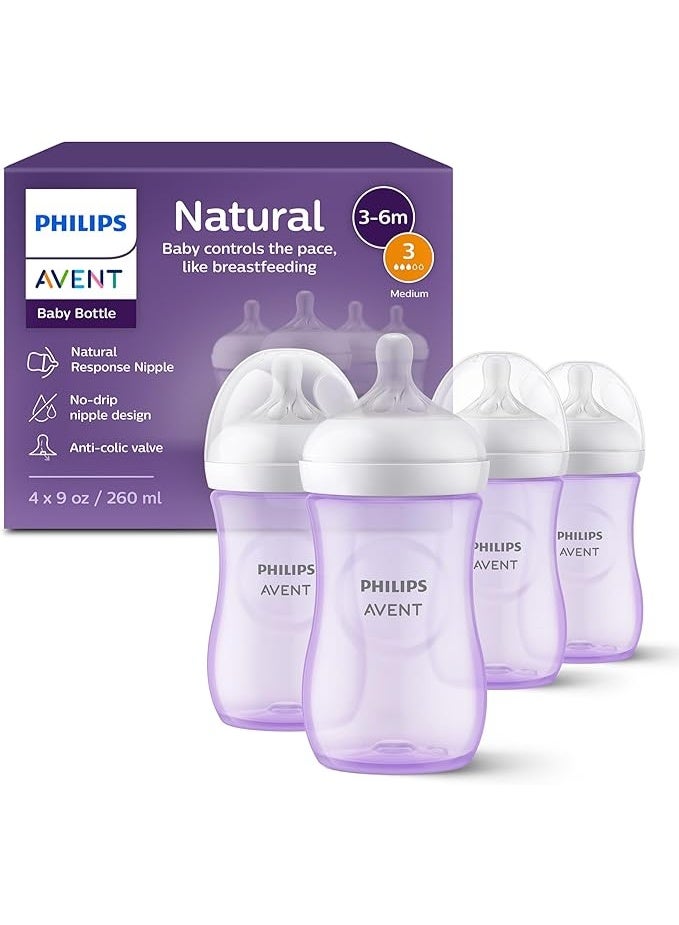 Avent Philips Avent Natural Baby Bottles with Natural Response (Medium Flow, Flow 3), 9oz, ĺPurple, 4-Pack, - Image 1